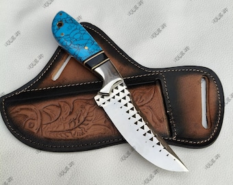 Handmade Damascus Ranch Knife, Blue Rock Handle, Tooled Leather Sheath