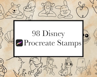 Op de afbeelding: Digitale kunststempels met Disney-personages en -iconen. De afbeelding bevat lijntekeningen van Winnie de Poeh, Tijgertje en andere personages. De tekst luidt "98 Disney Procreate Stamps" in een zwarte rechthoek op een bruinachtige achtergrond.