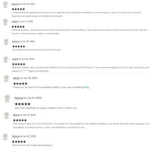 May include: Customer reviews with five-star ratings are shown against a white backdrop. The reviews are dated between June 13th and June 29th, 2025. The feedback praises the readings for their clarity, accuracy, and insightful guidance.
