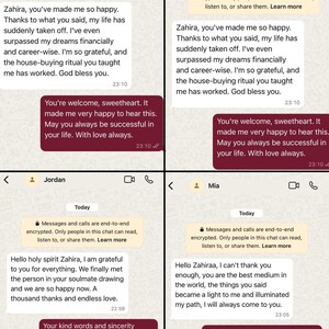 May include: Screenshots of a messaging app showing chat conversations. The messages include text exchanges with names like Susan, Jordan, and Mia. The app's interface displays a chat layout with timestamps and end-to-end encryption notices.