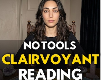 May include: A person with long dark hair wearing a black long-sleeve shirt sits behind a table with tarot cards and crystals. The text NO TOOLS CLAIRVOYANT READING is displayed in white and yellow letters over the center of the image.