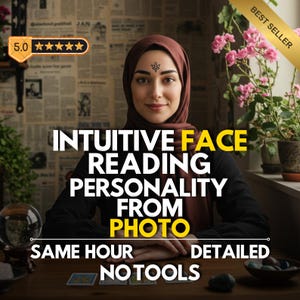 Peut inclure: Image publicitaire pour des lectures intuitives du visage. Le texte indique « Lecture intuitive du visage, personnalité à partir de la photo » avec « Même heure, détaillé, sans outils ». Une femme portant un hijab est au centre.