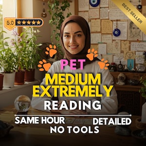 Könnte beinhalten: Ein Bild, das Tier-Medium-Lesungen bewirbt. Der Text lautet "Pet Medium Extremely Reading" mit zusätzlichem Text: "Same Hour, Detailed, No Tools". Das Bild zeigt eine Frau mit braunem Kopftuch, Pfotenabdrücken und einem "Best Seller"-Banner.