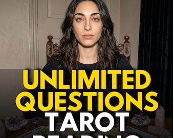 Puede incluir: Una persona de cabello oscuro largo con una camisa negra sentada tras una mesa de madera. El texto UNLIMITED QUESTIONS TAROT READING aparece en letras grandes amarillas y blancas sobre la imagen. Se ven cristales y cartas de tarot.