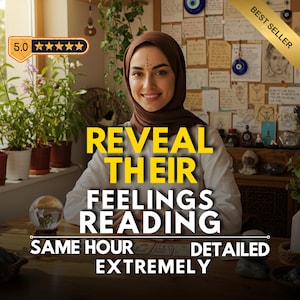 May include: A woman in a brown hijab smiles at the camera. The image features the text "REVEAL THEIR FEELINGS READING" in yellow. A crystal ball and tarot cards are on a wooden table. A "BEST SELLER" banner is also visible.