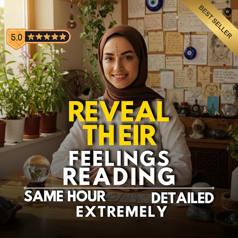 May include: A woman in a brown hijab smiles at the camera. The image features the text "REVEAL THEIR FEELINGS READING" in yellow. A crystal ball and tarot cards are on a wooden table. A "BEST SELLER" banner is also visible.