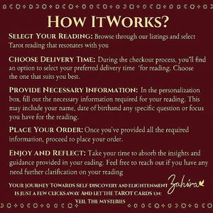 May include: A burgundy graphic with the text "HOW IT WORKS?" and instructions for ordering a tarot reading. The steps include selecting a reading, choosing a delivery time, providing information, placing an order, and enjoying the reading.