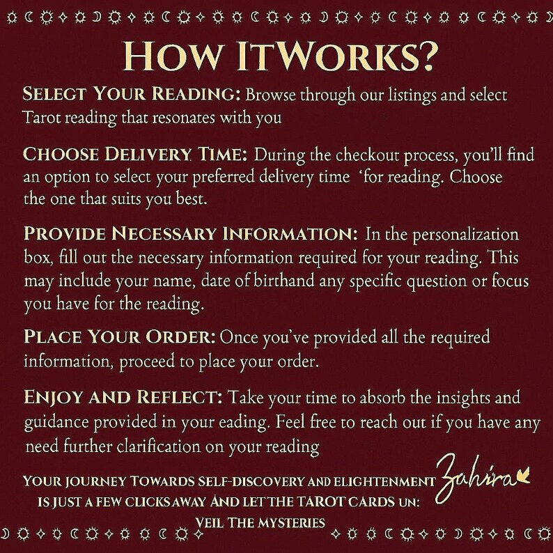 May include: A burgundy graphic with the text "HOW IT WORKS?" and instructions for ordering a tarot reading. The steps include selecting a reading, choosing a delivery time, providing information, placing an order, and enjoying the reading.