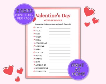 Juego de palabras revueltas para San Valentín, actividad imprimible para fiestas (descarga digital)