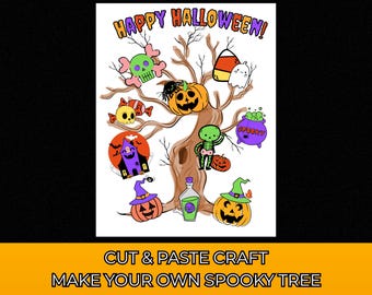 Manualidad de árbol espeluznante de Halloween, actividad para colorear, recortar y pegar (imprimible)