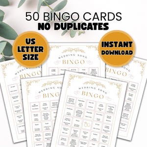 Puede incluir: Un conjunto de tarjetas de bingo de canciones de boda con detalles florales dorados. Las tarjetas est&aacute;n etiquetadas como "Wedding Song Bingo" e incluyen t&iacute;tulos de canciones. La imagen tambi&eacute;n incluye el texto "50 tarjetas de bingo sin duplicados", "US Letter Size" y "Descarga instant&aacute;nea".