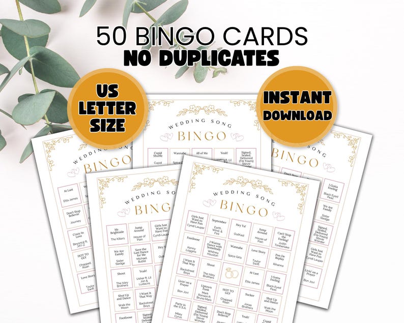 Puede incluir: Un conjunto de tarjetas de bingo de canciones de boda con detalles florales dorados. Las tarjetas est&aacute;n etiquetadas como "Wedding Song Bingo" e incluyen t&iacute;tulos de canciones. La imagen tambi&eacute;n incluye el texto "50 tarjetas de bingo sin duplicados", "US Letter Size" y "Descarga instant&aacute;nea".