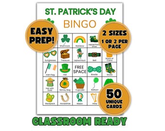 Juego de bingo del Día de San Patricio, 50 cartones únicos, actividad fácil de preparar para el aula, ideal para profesores y padres ocupados (descarga digital)