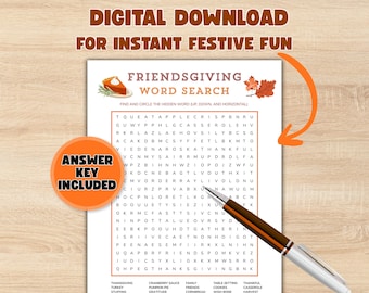 Sopa de letras para la fiesta de Acción de Gracias con amigos y familiares, juego imprimible, descarga instantánea