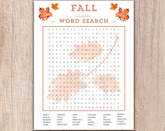 Sopa de letras imprimible de otoño: Juego de Acción de Gracias, Diversión con amigos, Juego de palabras para niños y adultos (Descarga digital)