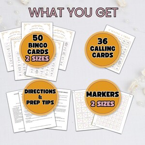 Puede incluir: Un conjunto de materiales para juegos de boda, que incluyen tarjetas de bingo, tarjetas de llamada, instrucciones, consejos de preparaci&oacute;n y marcadores. Las tarjetas de bingo vienen en dos tama&ntilde;os, con 50 tarjetas en total. Las tarjetas de llamada incluyen 36 tarjetas.