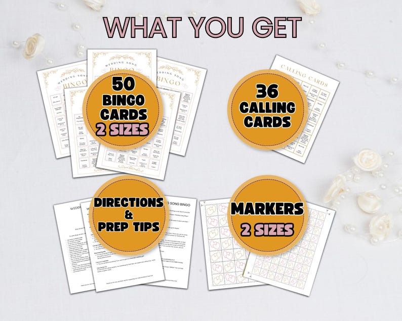 Puede incluir: Un conjunto de materiales para juegos de boda, que incluyen tarjetas de bingo, tarjetas de llamada, instrucciones, consejos de preparaci&oacute;n y marcadores. Las tarjetas de bingo vienen en dos tama&ntilde;os, con 50 tarjetas en total. Las tarjetas de llamada incluyen 36 tarjetas.