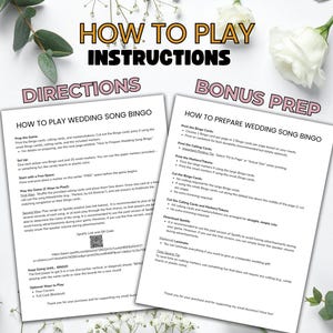 Puede incluir: Dos hojas de papel blancas con instrucciones para un juego de bingo de canciones de boda. La hoja superior est&aacute; etiquetada como "Instrucciones" y la hoja inferior como "Preparaci&oacute;n adicional". El texto incluye instrucciones sobre c&oacute;mo jugar.