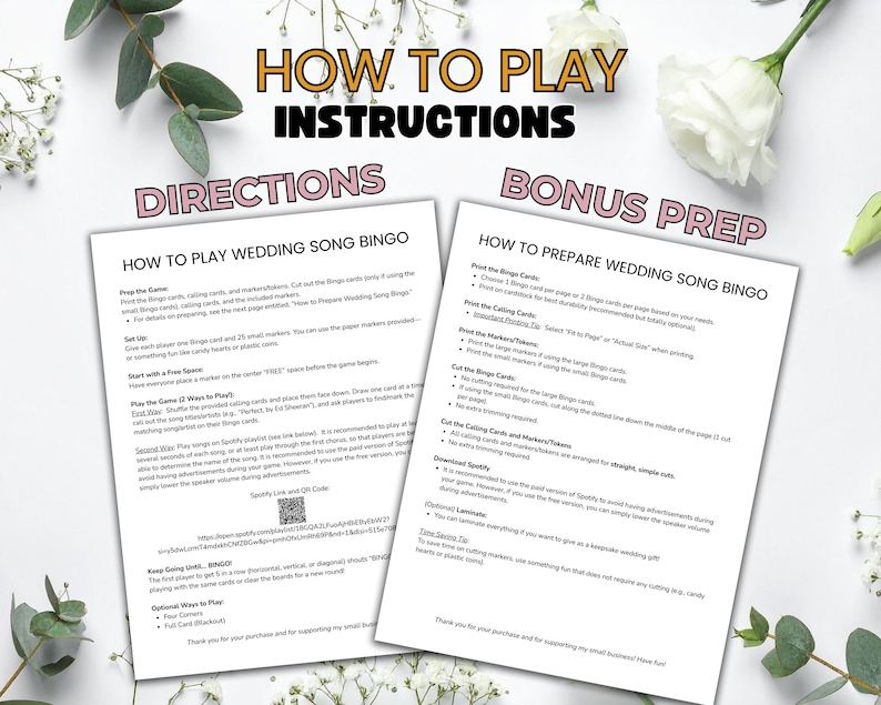 Puede incluir: Dos hojas de papel blancas con instrucciones para un juego de bingo de canciones de boda. La hoja superior est&aacute; etiquetada como "Instrucciones" y la hoja inferior como "Preparaci&oacute;n adicional". El texto incluye instrucciones sobre c&oacute;mo jugar.