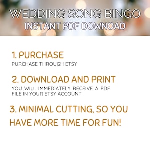 Puede incluir: Fondo blanco con texto que dice "WEDDING SONG BINGO INSTANT PDF DOWNLOAD". Las instrucciones incluyen "COMPRAR A TRAV&Eacute;S DE ETSY", "DESCARGAR E IMPRIMIR" y "CORTE M&Iacute;NIMO, &iexcl;PARA QUE TENGAS M&Aacute;S TIEMPO PARA DIVERTIRTE!"