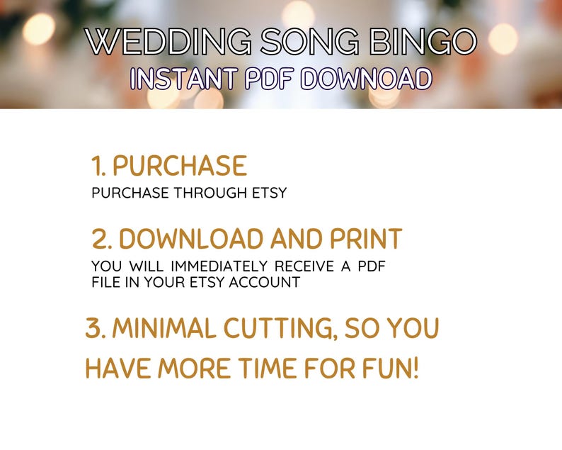 Puede incluir: Fondo blanco con texto que dice "WEDDING SONG BINGO INSTANT PDF DOWNLOAD". Las instrucciones incluyen "COMPRAR A TRAV&Eacute;S DE ETSY", "DESCARGAR E IMPRIMIR" y "CORTE M&Iacute;NIMO, &iexcl;PARA QUE TENGAS M&Aacute;S TIEMPO PARA DIVERTIRTE!"