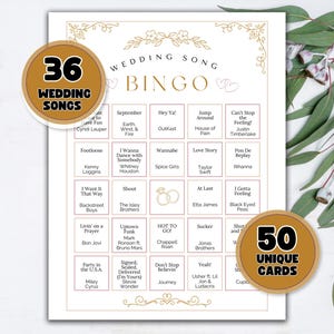 Puede incluir: Un juego de bingo de canciones de boda con fondo blanco y detalles dorados. El juego incluye 36 canciones de boda y 50 tarjetas &uacute;nicas. El texto del juego incluye t&iacute;tulos de canciones y nombres de artistas.