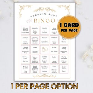 Puede incluir: Una tarjeta de bingo de boda blanca con detalles florales dorados y el texto "Wedding Song Bingo". La tarjeta presenta una cuadr&iacute;cula de t&iacute;tulos de canciones y artistas, con el texto "1 Card Per Page" y "1 Per Page Option."