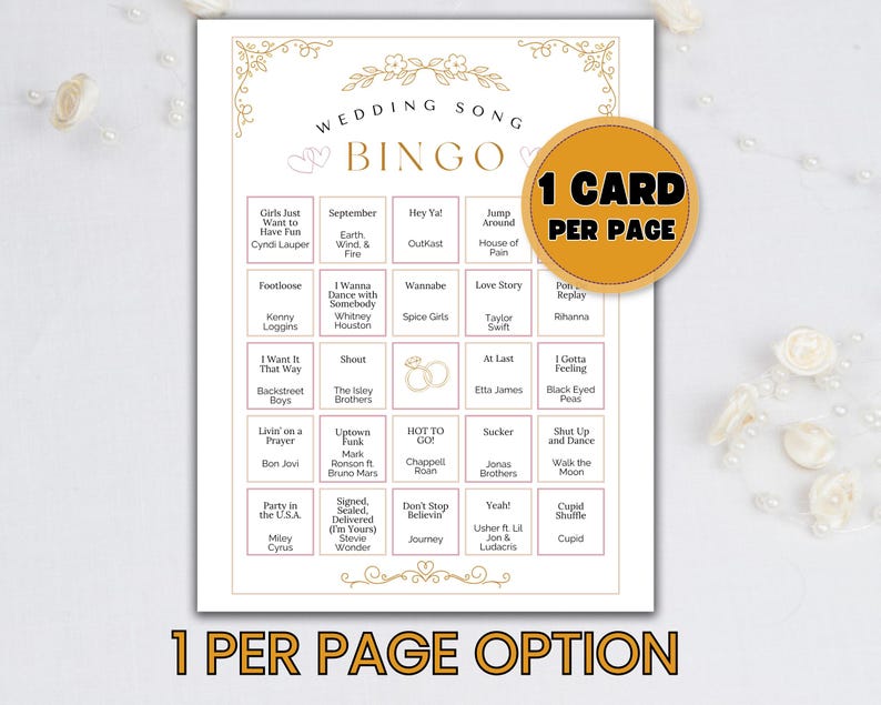 Puede incluir: Una tarjeta de bingo de boda blanca con detalles florales dorados y el texto "Wedding Song Bingo". La tarjeta presenta una cuadr&iacute;cula de t&iacute;tulos de canciones y artistas, con el texto "1 Card Per Page" y "1 Per Page Option."