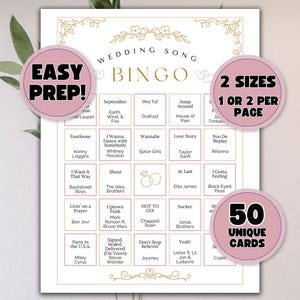 Puede incluir: Un juego de bingo de canciones de boda imprimible con fondo blanco y detalles florales dorados. El juego incluye t&iacute;tulos de canciones y el texto "EASY PREP!", "2 SIZES 1 OR 2 PER PAGE" y "50 UNIQUE CARDS" en c&iacute;rculos rosas.