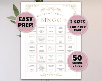 Bingo de música para bodas, Bingo para despedidas de soltera, Juego de listas de reproducción románticas para bodas, Juegos para la recepción de bodas, Lista de reproducción de Spotify, Descarga digital