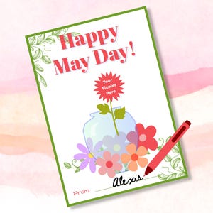 Carte avec porte-fleurs du 1er mai, cadeau imprimable pour le 1er mai, 1er mai