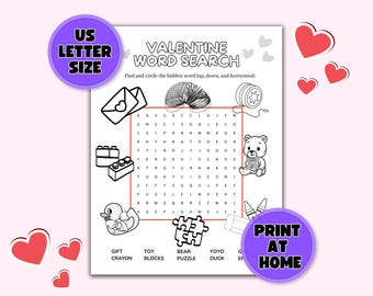Sopa de letras de San Valentín, actividad para colorear para niños, juego imprimible (descarga digital)