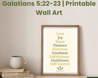 May include: Printable wall art featuring a beige background with the text "Galatians 5:22-23" at the top. The main text is a list of words in green and yellow: "Love, Joy, Peace, Patience, Kindness, Goodness, Faithfulness, Gentleness, Self-Control". A small anchor symbol is at the bottom with the text "@LiveAnchoredInHim".