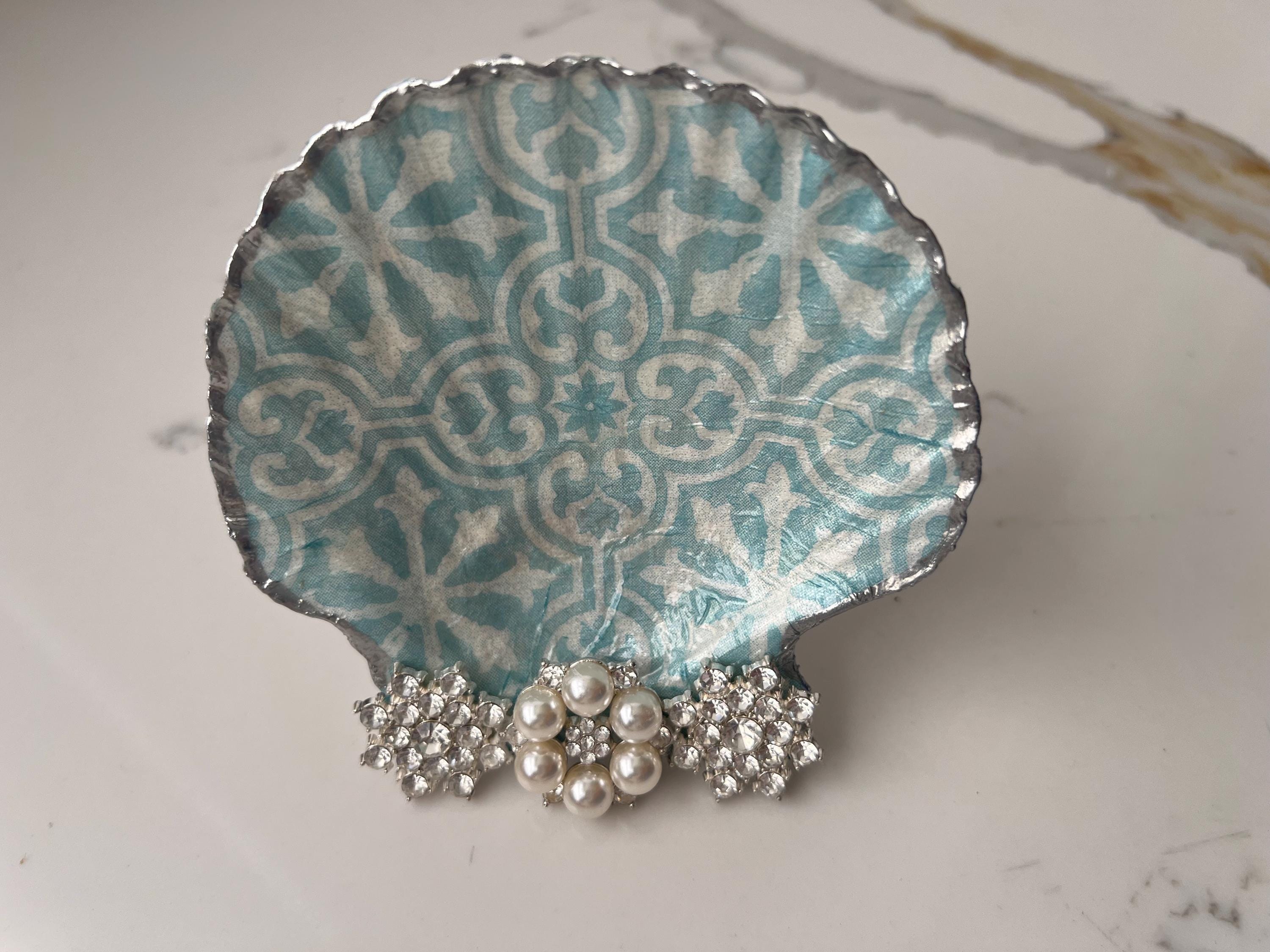 Decoupage Scallop Shell Dish: Baby Blue Jewelry Holder with Pearl Accents
