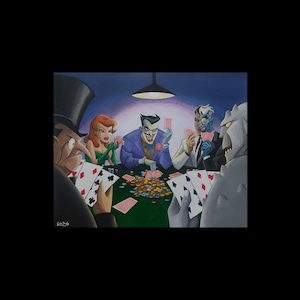 May include: A painting depicting five characters playing poker around a green table. The group includes a figure in a top hat, a red-haired character, a smiling figure in a purple suit, a two-toned face character, and a grey, textured figure.