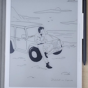 Puede incluir: Dibujo en blanco y negro de una persona sentada en el capó de un jeep, mirando un bloc de notas. El jeep está estacionado en una playa con una puesta de sol de fondo. El texto "Sketched on Supernote" está en la parte inferior de la imagen.