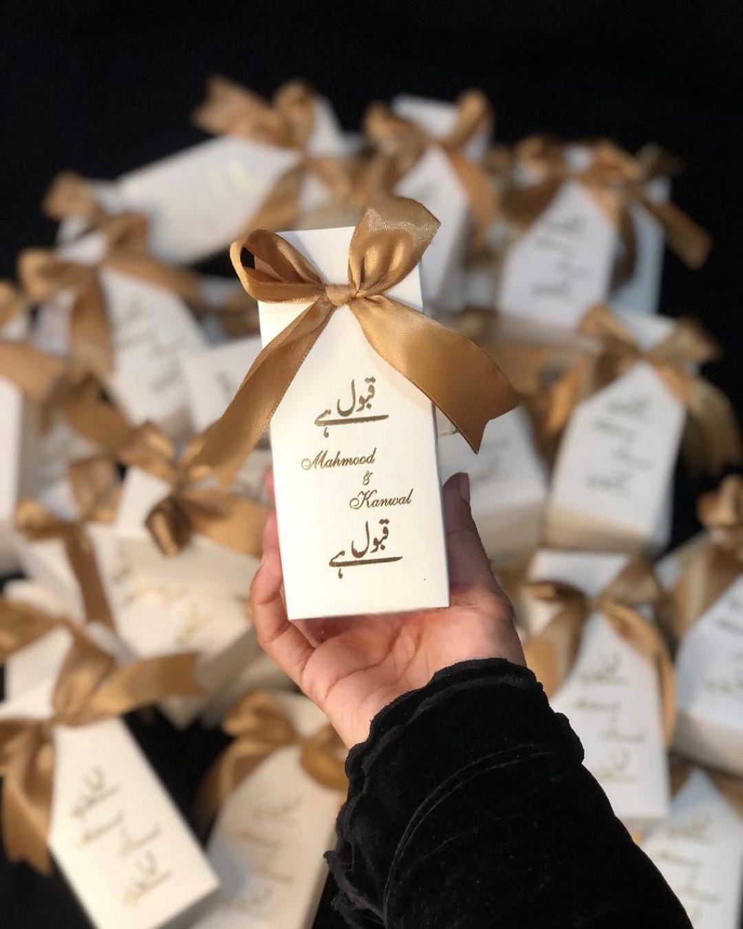 Personalized Wedding Favor Boxes – Gold Ribbon, Qubool Hai Nikkah Box ...