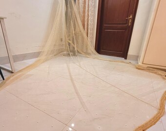 Champagne Bridal Dupatta | Pearl Embellished Net with Golden Lace