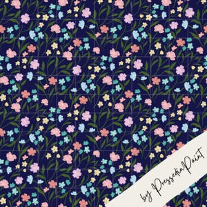 May include: A floral pattern featuring a grid overlay and a dark blue background. The design includes pink, blue, yellow, and orange flowers with green stems and leaves. The text "by Pressed in Paint" is in the lower right corner.