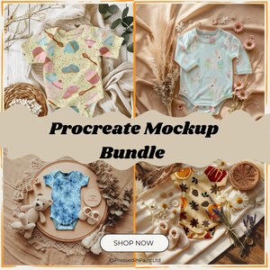 May include: A Procreate Mockup Bundle featuring four baby onesies with various patterns. One is yellow with desserts, another is light blue with bunnies, a third is blue tie-dye, and the last is yellow with fruit and leaves. The text "Procreate Mockup Bundle" is displayed.