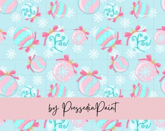 May include: A repeating pattern of Christmas ornaments in pink and teal, with white snowflakes on a light blue background. The ornaments have pink bows and decorative designs. The text "by PressedinPaint" is on a pink banner.