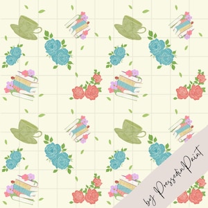 Puede incluir: Un patrón repetitivo sobre un fondo de cuadrícula color crema con ilustraciones de tazas de té verdes, pilas de libros coloridos coronados con pequeñas flores y grupos de rosas azules y rojas con hojas verdes. Texto by PressedinPaint visible.