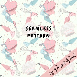 Könnte beinhalten: Nahtloses Muster mit Backutensilien. Das sich wiederholende Muster zeigt rosa Backhandschuhe, Kochmützen, Schneebesen und Spritzbeutel in Pastelltönen. Der Text "SEAMLESS PATTERN" befindet sich in der Mitte des Bildes.