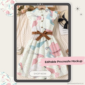 May include: A white dress with a brown belt and a pattern of pink and blue baking tools. The dress has short sleeves and a button-up front. The text "Editable Procreate Mockup" and "Shop Now" are visible.