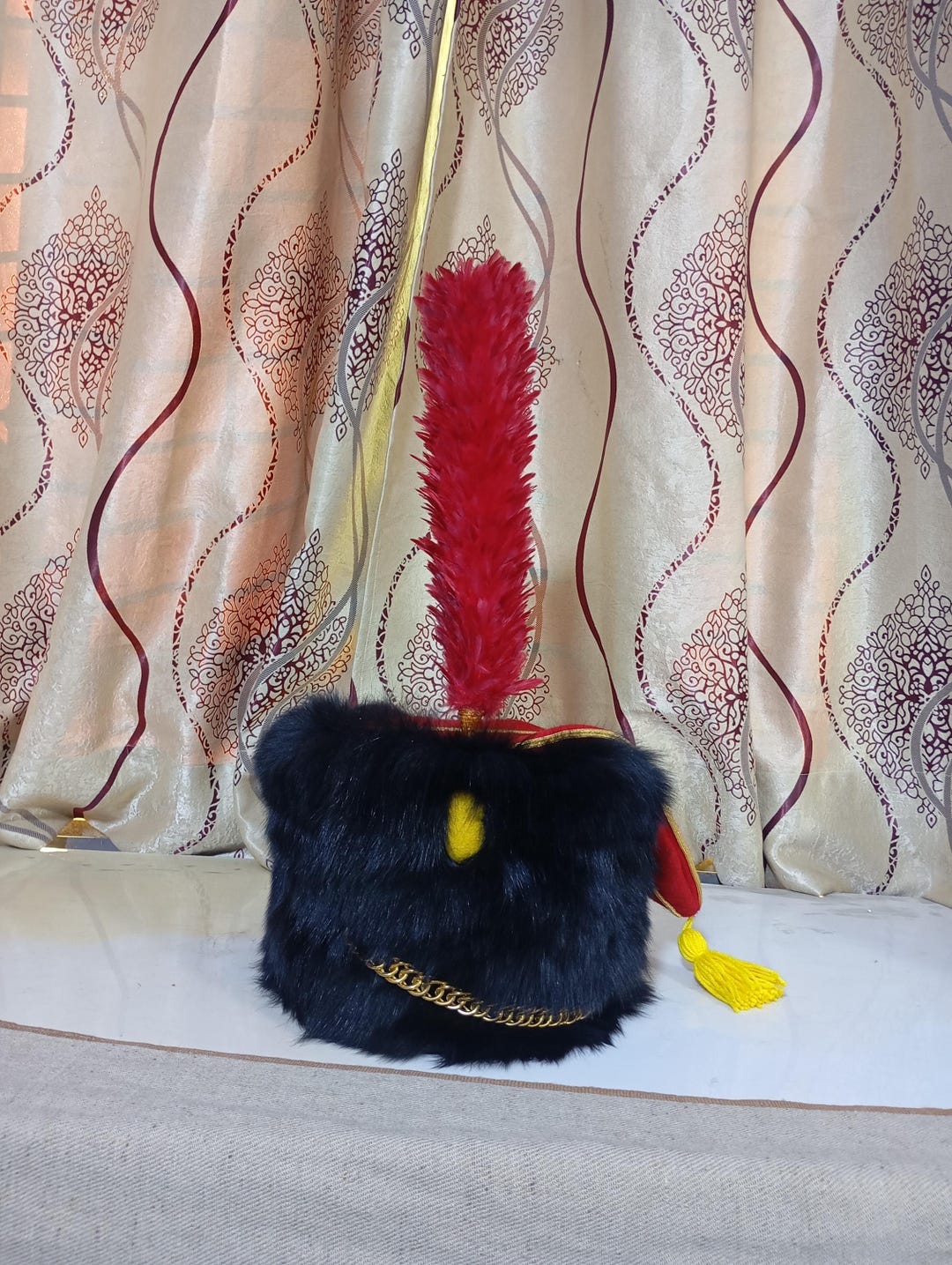 French Napoleonic Hussar Colback Hat | Long Hair Fur Busby With Red ...