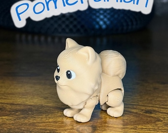 Pomerania articolato stampato in 3D / Simpatico giocattolo antistress con articolazioni snodabili e coda soffice / Statuetta da scrivania a forma di cucciolo / Sconti per acquisti all'ingrosso