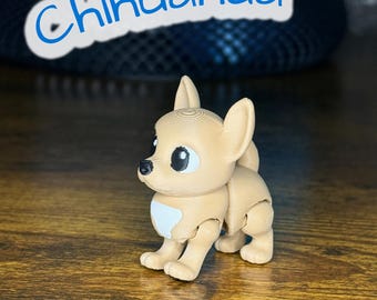 Chihuahua articolato stampato in 3D / Simpatico giocattolo antistress con articolazioni snodabili e grandi orecchie / Statuetta da scrivania a forma di cucciolo / Sconti per acquisti all'ingrosso disponibili