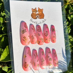 Pink Ombre Press On Nails | Gold Butterfly Floral Design | Coffin Long Length | Reusable Handmade Nail Set | Spring & Summer Nails