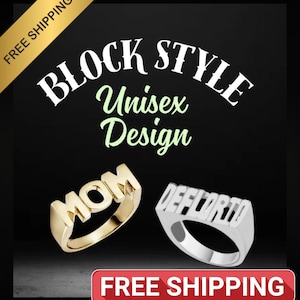 Custom Name Ring, Personalized Block Name Ring, Hip-Hop Style Custom Text Ring, Unisex Engraved Name Ring - FREE SHIPPING