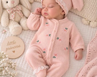 Newborn Baby Girl Pink Floral Knit Romper & Bonnet Set | Lace Trim, Vintage Style